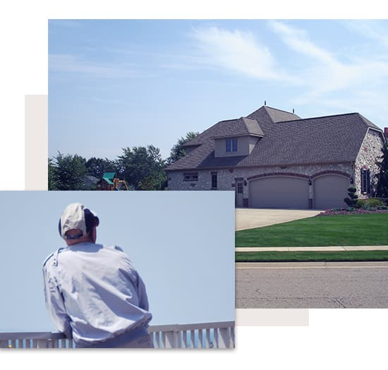 Collage of man leaning on railing and house